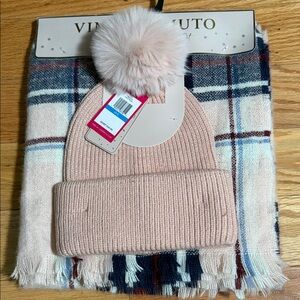 Vince Camuto Blush Beanie and Plaid Scarf Set